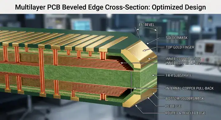 A 45 degree beveled edge on PCB gold fingers showing proper inner layer copper pullback to prevent electrical shorts cleanup