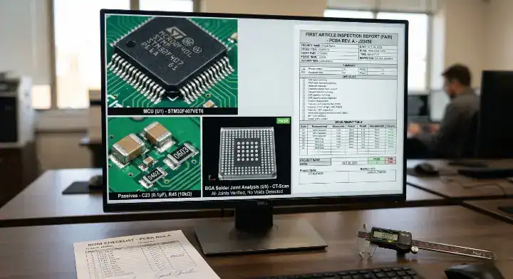 A comprehensive first article inspection PCB report displayed on a monitor, showing high definition component photos and 3D X ray BGA scans cleanup
