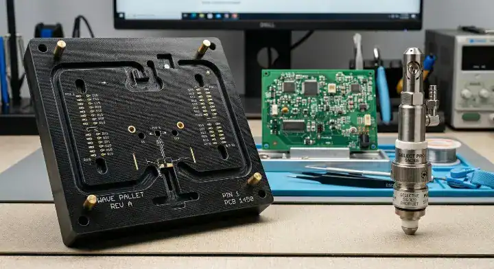 A custom fiberglass masking pallet next to a precision drop jet nozzle illustrating the tooling difference in selective soldering vs wave soldering