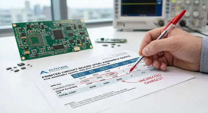 A detailed breakdown of a printed PCBA quote showing hidden costs like NRE and stencil fees circled in red cleanup