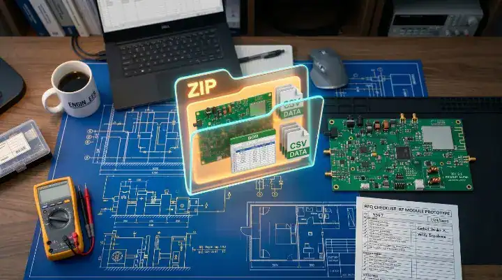 A digital folder displaying the essential Gerber and BOM files required for a PCBA RFQ checklist cleanup