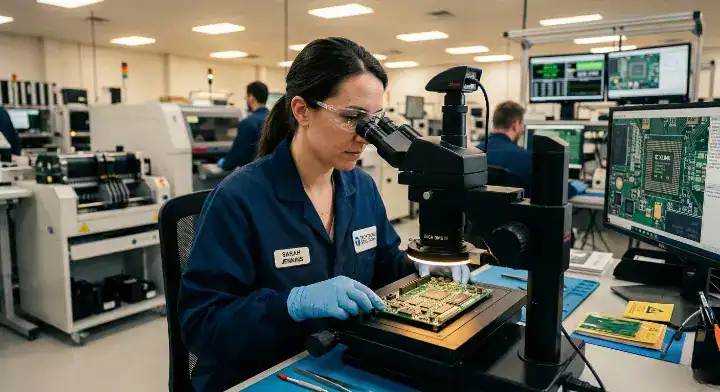 A factory engineer performing a rigorous first article inspection on a complex PCB using a digital microscope cleanup