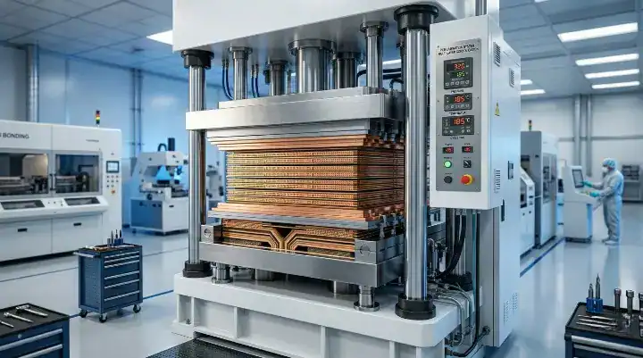 A high tech multilayer PCB lamination press machine in a factory fabricating precision 8 layer circuit boards cleanup