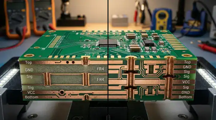 A photorealistic structural comparison of a 6 layer vs 8 layer PCB showing internal copper routing layers cleanup