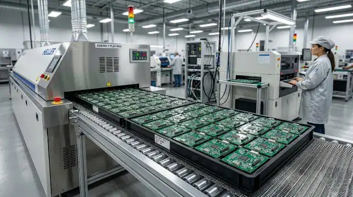 A pilot run batch of printed circuit boards transitioning from PCB prototype to mass production order on a factory conveyor