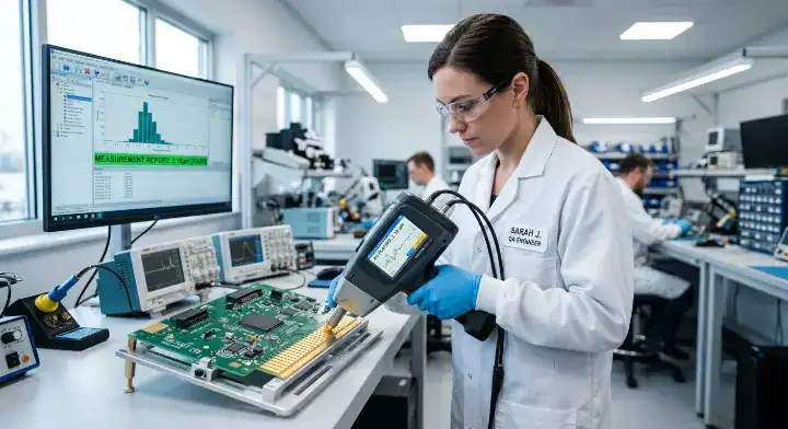 A quality control engineer measuring the plating thickness of PCB gold fingers using an XRF scanner for IPC 4556 compliance cleanup