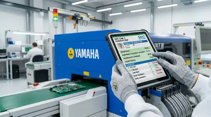 A quality inspector verifying SMT line equipment during a PCBA supplier audit cleanup