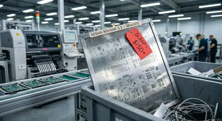 A scrapped SMT stencil illustrating the high hidden costs of a mid production engineering change notice PCB cleanup