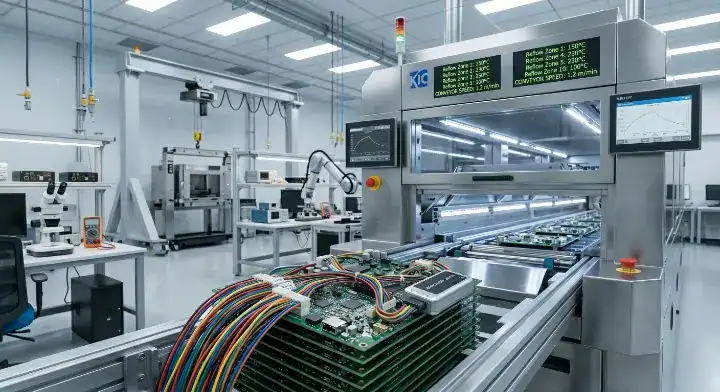 A thermal profiling data logger attached to a PCB entering a 10 zone nitrogen reflow soldering oven cleanup