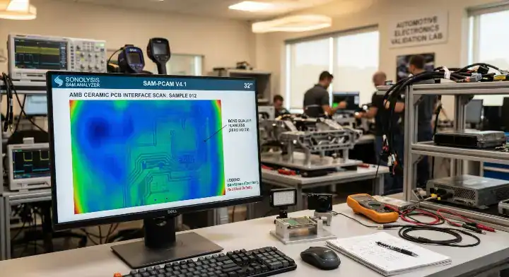 AMB ceramic PCB Scanning Acoustic Microscopy (SAM) scan display showing a flawless vacuum brazed interface with zero voids cleanup