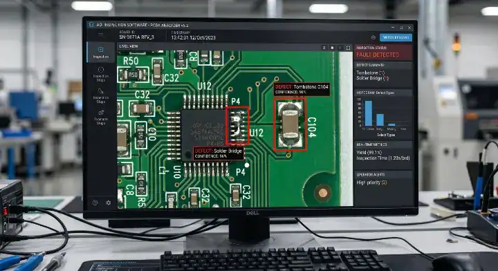 AOI full form defect detection AOI software interface highlighting a tombstoned capacitor and a solder bridge cleanup