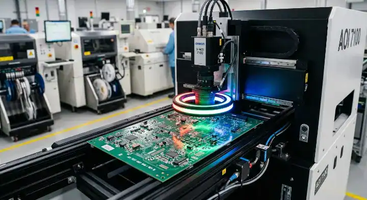 AOI full form in PCBA A modern Automated Optical Inspection machine scanning a green printed circuit board with RGB lighting cleanup