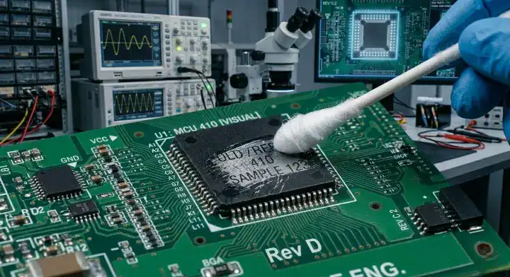 Acetone chemical testing to detect false blacktopping on ICs during PCB assembly verification cleanup