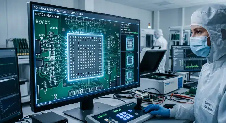Advanced 3D X ray inspection monitor showing BGA solder joints to ensure high yield PCBA manufacturing cleanup