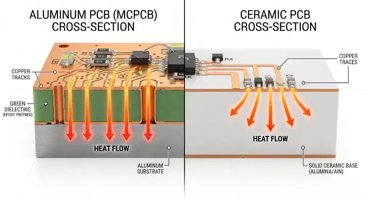 Aluminum PCB vs ceramic PCB 3D microscopic cross section diagram showing heat flow and the dielectric layer bottleneck cleanup