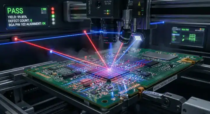 Automated Optical Inspection (AOI) machine verifying PCB manufacturing quality and first pass yield rate
