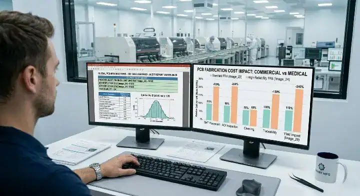 B2B factory audit reviewing medical PCB fabrication CPK data and cost impact charts