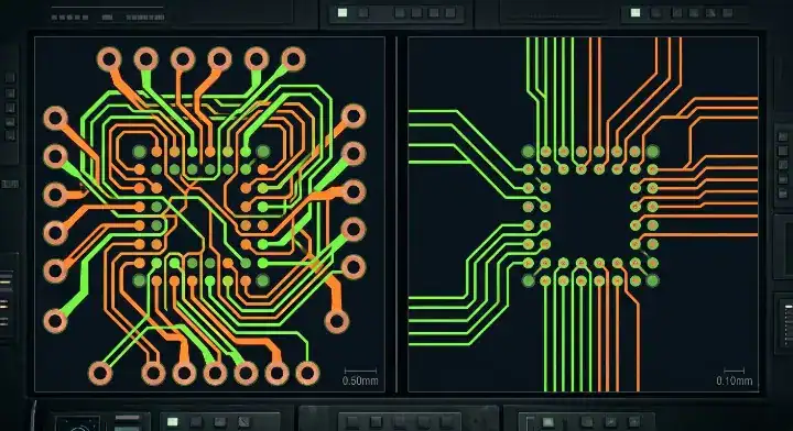 CAD layout comparison showing standard PCB dog bone fanout vs HDI PCB via in pad routing for a 0.4mm pitch BGA