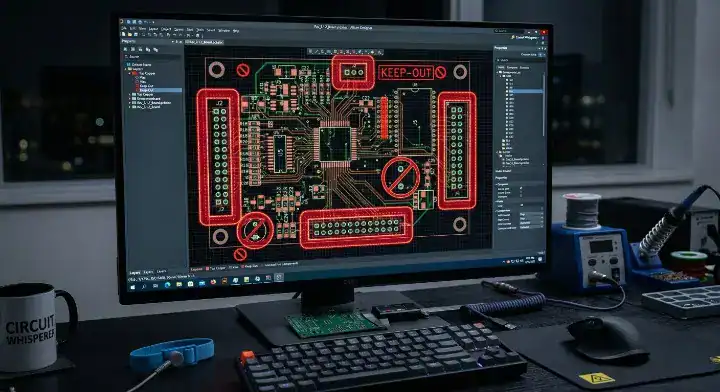 CAD software monitor highlighting component clearance keep out zones when designing for selective soldering vs wave soldering