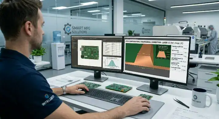 CAM engineer applying etch compensation to controlled impedance PCB traces to prevent signal reflection cleanup