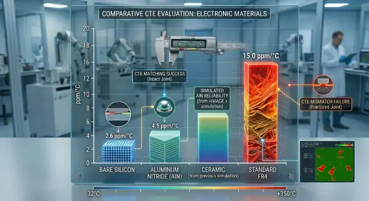 CTE mismatch PCB solder joint 3D chart comparing the thermal expansion rates of bare silicon, ceramic substrates, and FR4 materials cleanup