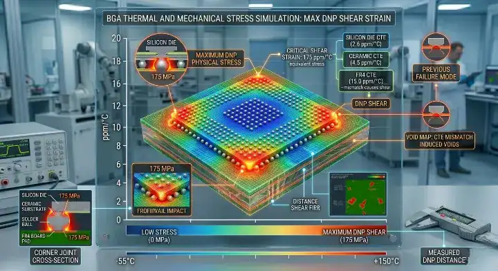CTE mismatch PCB solder joint Thermal stress simulation showing maximum shear strain concentrated at the outer corners of a BGA chip cleanup