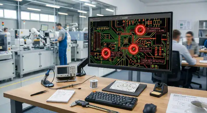 Ceramic PCB DFM Computer monitor displaying a Gerber file review for ceramic manufacturing rules, next to a physical prototype