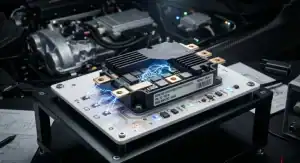 Ceramic PCB EV High tech 800V SiC traction inverter power module mounted on a pristine white ceramic substrate inside an electric vehicle cleanup