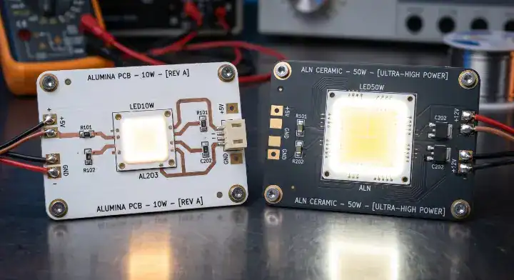 Ceramic PCB LED High tech visual comparison between a white alumina substrate and a grey aluminum nitride (AlN) substrate for high power LED modules cleanup