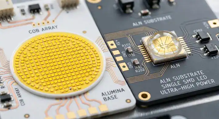 Ceramic PCB LED Macro view of a wide COB array mounted on alumina next to a single high power SMD on an AlN board cleanup