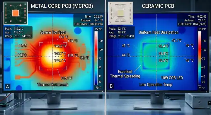 Ceramic PCB LED Thermal camera imaging showing lower junction temperature on a ceramic board compared to an overheating MCPCB cleanup