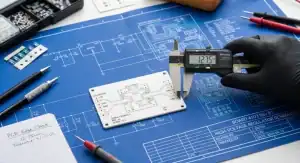 Ceramic PCB design rules Professional engineering workspace with a digital caliper measuring a ceramic substrate on top of layout blueprints