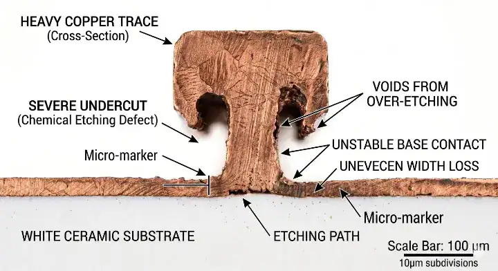 Ceramic PCB minimum trace width Microscopic cross section showing severe etching undercut on a heavy copper DBC ceramic substrate