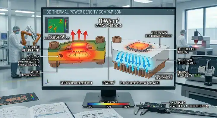 Ceramic PCB prototype A 3D infographic chart comparing the 10Wcm² power density threshold between MCPCB and ceramic substrates cleanup