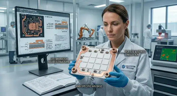 Ceramic PCB prototype An engineer evaluating a newly fabricated white ceramic circuit board and its mechanical specifications cleanup