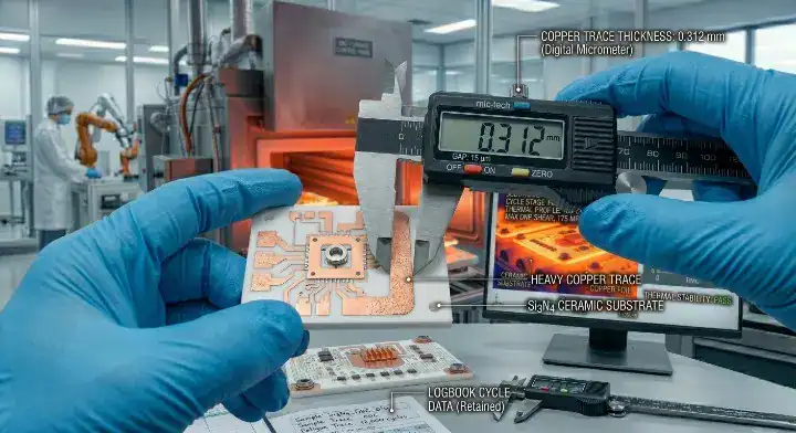 Ceramic PCB prototype An engineer performing First Article Inspection by precisely measuring thick copper traces with a digital micrometer cleanup
