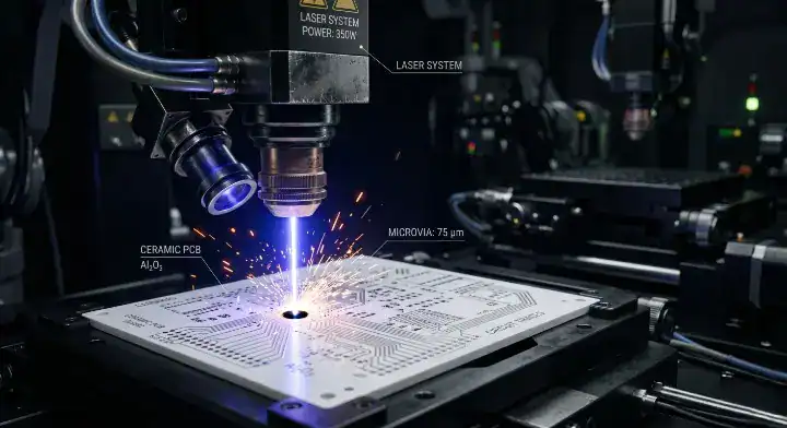 Ceramic PCB via design High precision laser drilling process creating microvias on a brittle alumina ceramic board