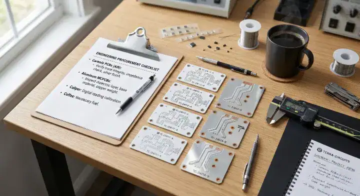 Ceramic PCB vs metal core PCB Engineering workspace with a checklist, calipers, and various substrates for procurement decision making cleanup