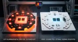 Ceramic PCB vs metal core PCB High tech 3D split comparison showing an overheated aluminum board versus a cool ceramic substrate cleanup