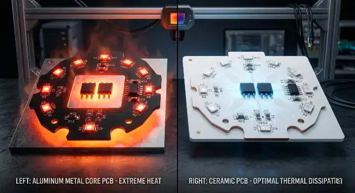 Ceramic PCB vs metal core PCB High tech 3D split comparison showing an overheated aluminum board versus a cool ceramic substrate cleanup