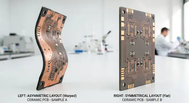 Ceramic substrate layout guidelines Comparison showing a warped asymmetric ceramic board versus a perfectly flat symmetric double sided board