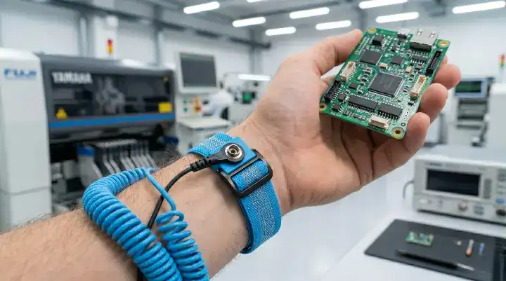 Close up of an operator wearing an ESD wrist strap handling a green circuit board, a critical check in a PCBA quality audit cleanup