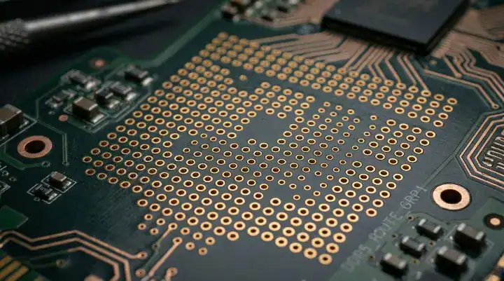 Close up of gold plated stitching vias used on a 6 layer PCB stackup to connect dual ground planes for EMI shielding cleanup