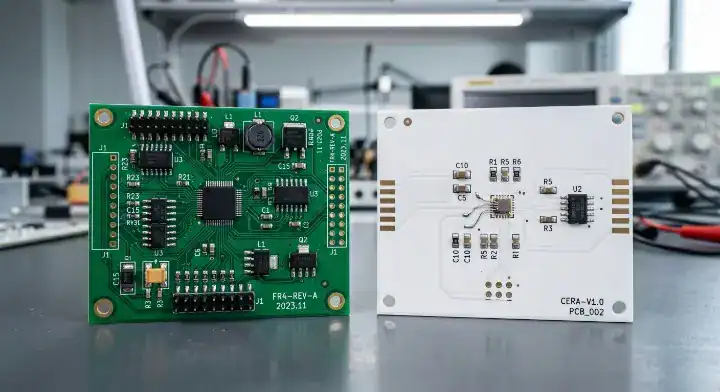 Close up side by side comparison of a standard green FR4 PCB and a premium white ceramic PCB on a high tech lab table cleanup