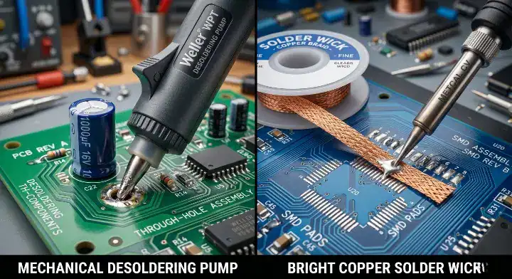 Comparison between a mechanical desoldering pump clearing a through hole and solder wick cleaning a flat SMD pad cleanup