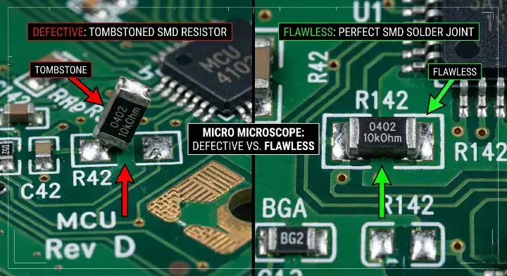 Comparison of a tombstoning defect versus a perfect solder joint in NPI PCB assembly manufacturing cleanup