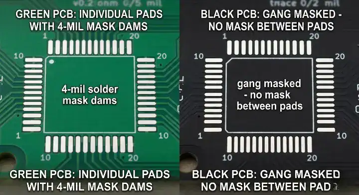 Comparison of minimum solder mask dam width standard green vs gang masking on black PCB solder mask color cleanup