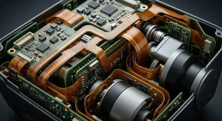 Complex rigid flex PCB folded and installed tightly inside a compact aerospace or medical device, eliminating physical wire cables cleanup