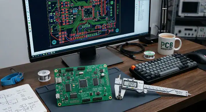 Computer monitor displaying PCB Gerber files next to a physical golden sample board for manufacturer data transfer