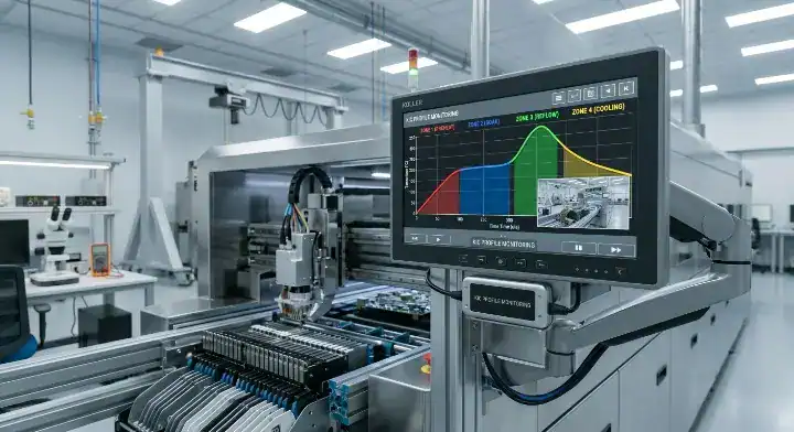 Computer monitor displaying a 4 zone reflow soldering profile graph with preheat, soak, reflow, and cooling stages cleanup
